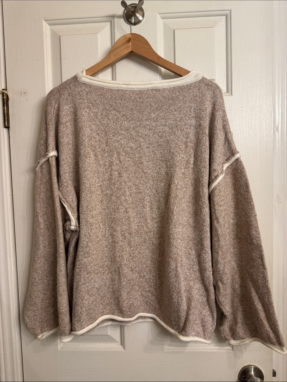 Relaxed Taupe Crewneck Sweater with Cream Trim SO SOFT - Picture 3 of 3